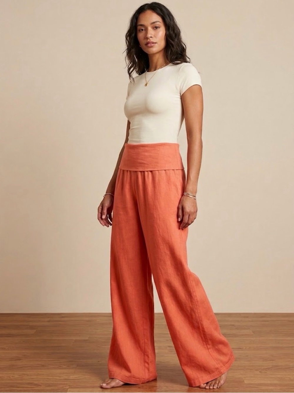 Love Tree Linen Blend Coral Fold Over Wide Leg Pants Medium